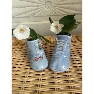Vintage 50's Blue Shoe Pair Planter Vases Hand Painted Roses